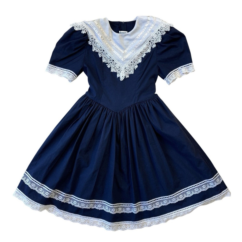 Vintage Gunne Sax Jessica McClintock Girls Dress Navy Blue, Lace and Bow Size 7
